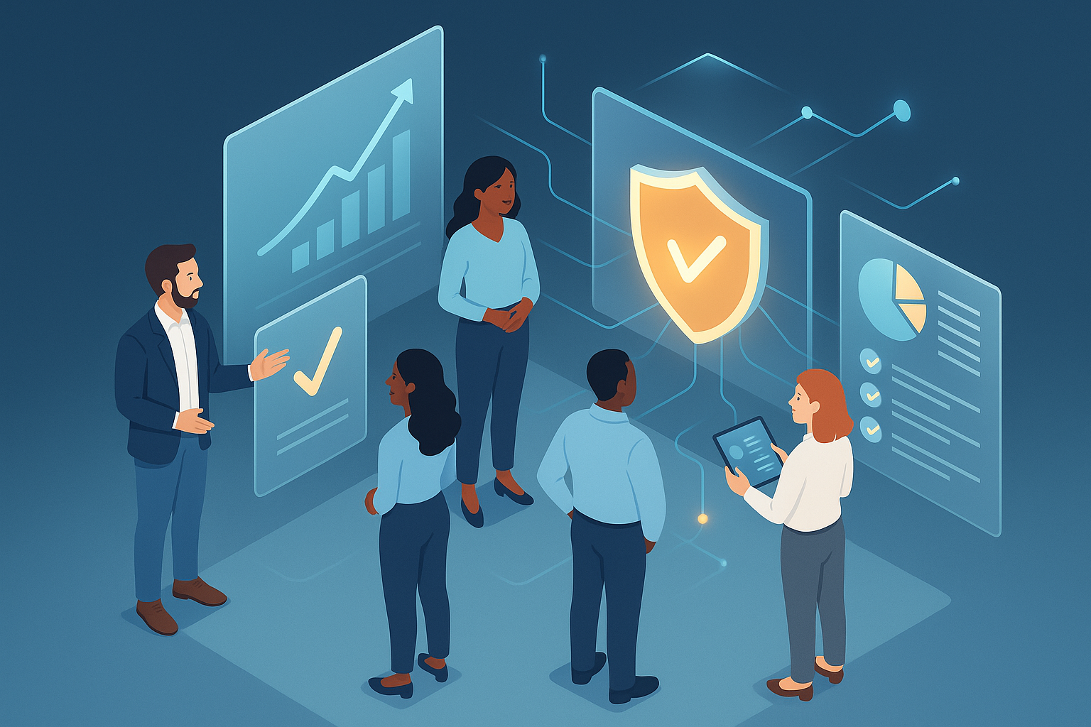 A modern isometric digital illustration depicting successful cybersecurity projects and collaboration. Show professionals reviewing dashboards, reports, and digital shields on large transparent screens. Include subtle symbols of growth or success (e.g., rising charts, checkmarks, glowing data lines). Use the same clean Nordic palette — blue, grey, and white — with warm highlights to suggest trust and achievement.