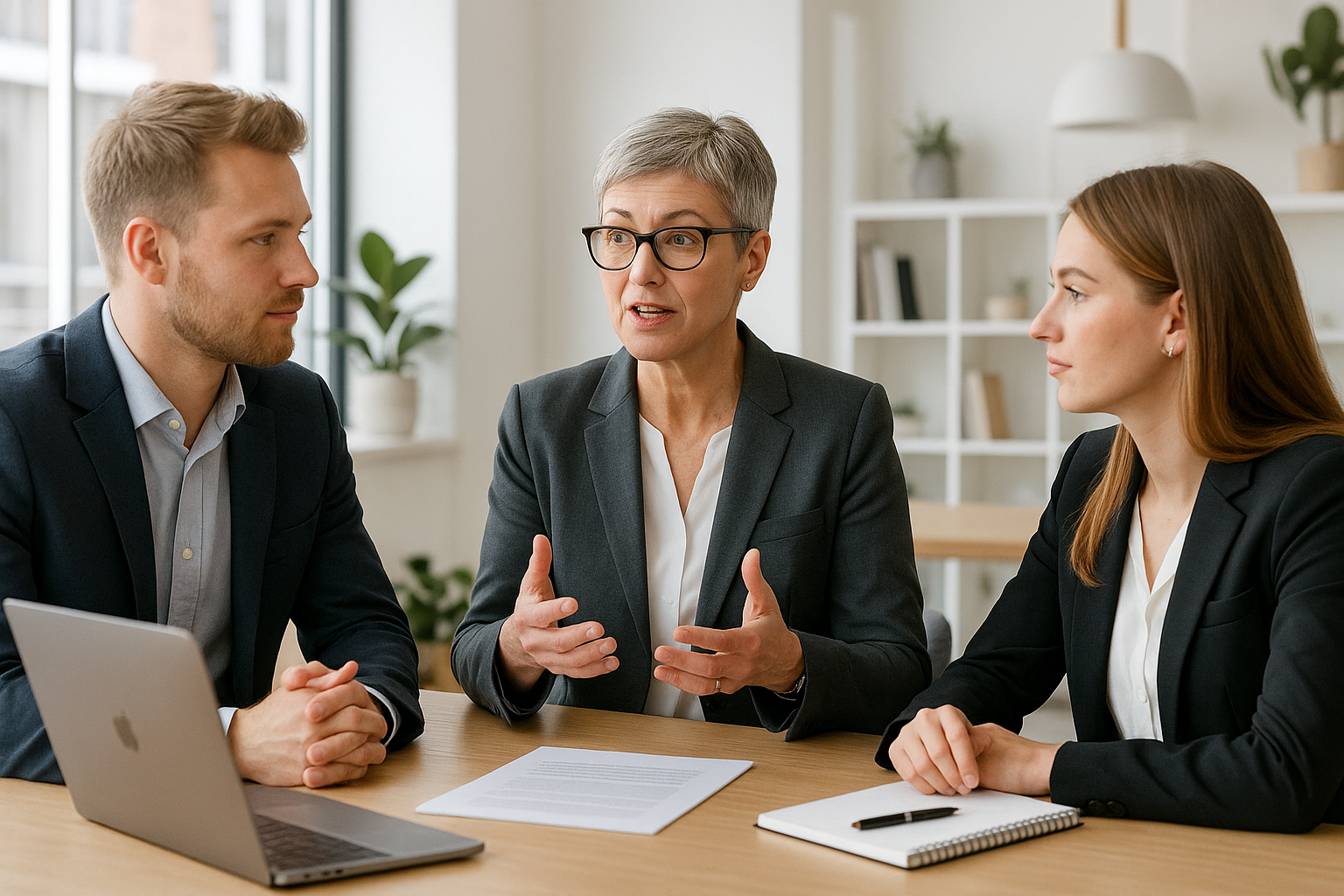 modern professional female consultant with shortish grayish hair, 50's, having a professional meeting with two modern danish professionals - one male, one female.
